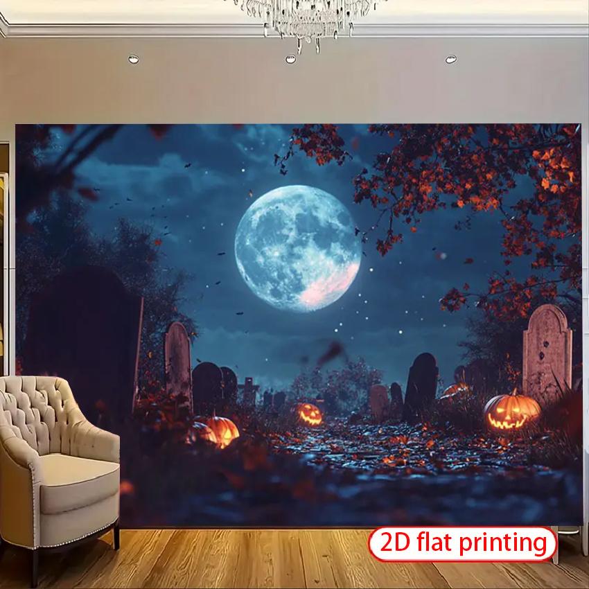 1pc 2D flat Halloween theme banner background cloth, graveyard pumpkin design, Halloween decoration, no power required——sjs