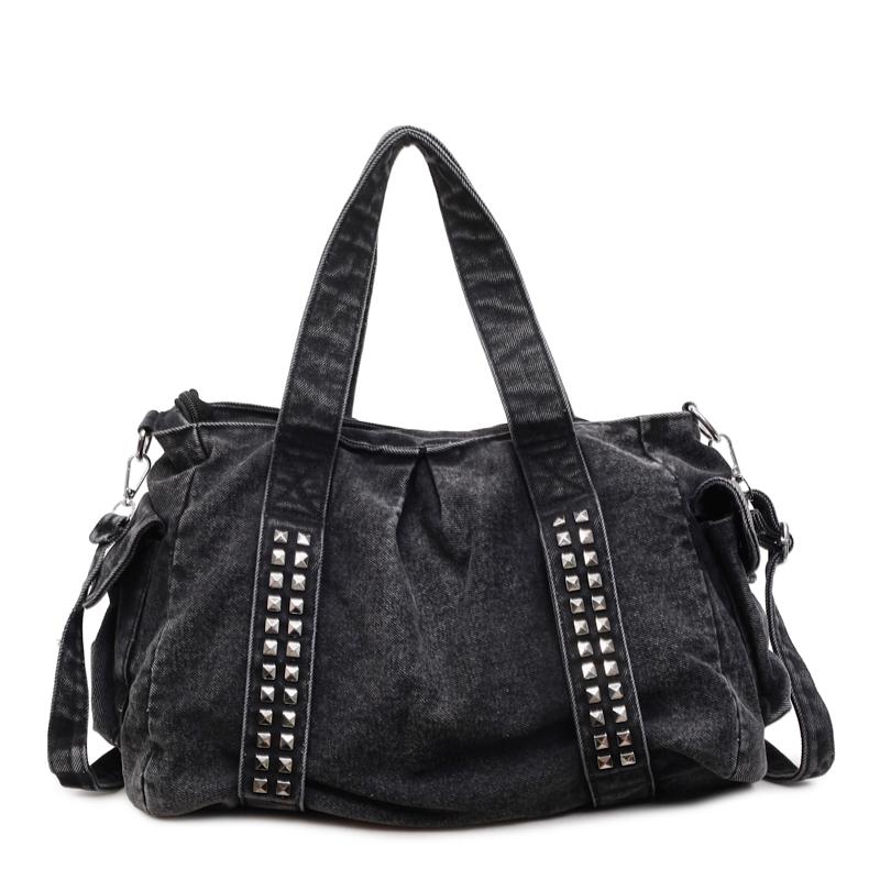 

Винтажная джинсовая сумка-тоут с потертостями и заклепками - Большая вместительная сумка на плечо для женщин, Повседневная, для путешествий и на каждый день чёрный