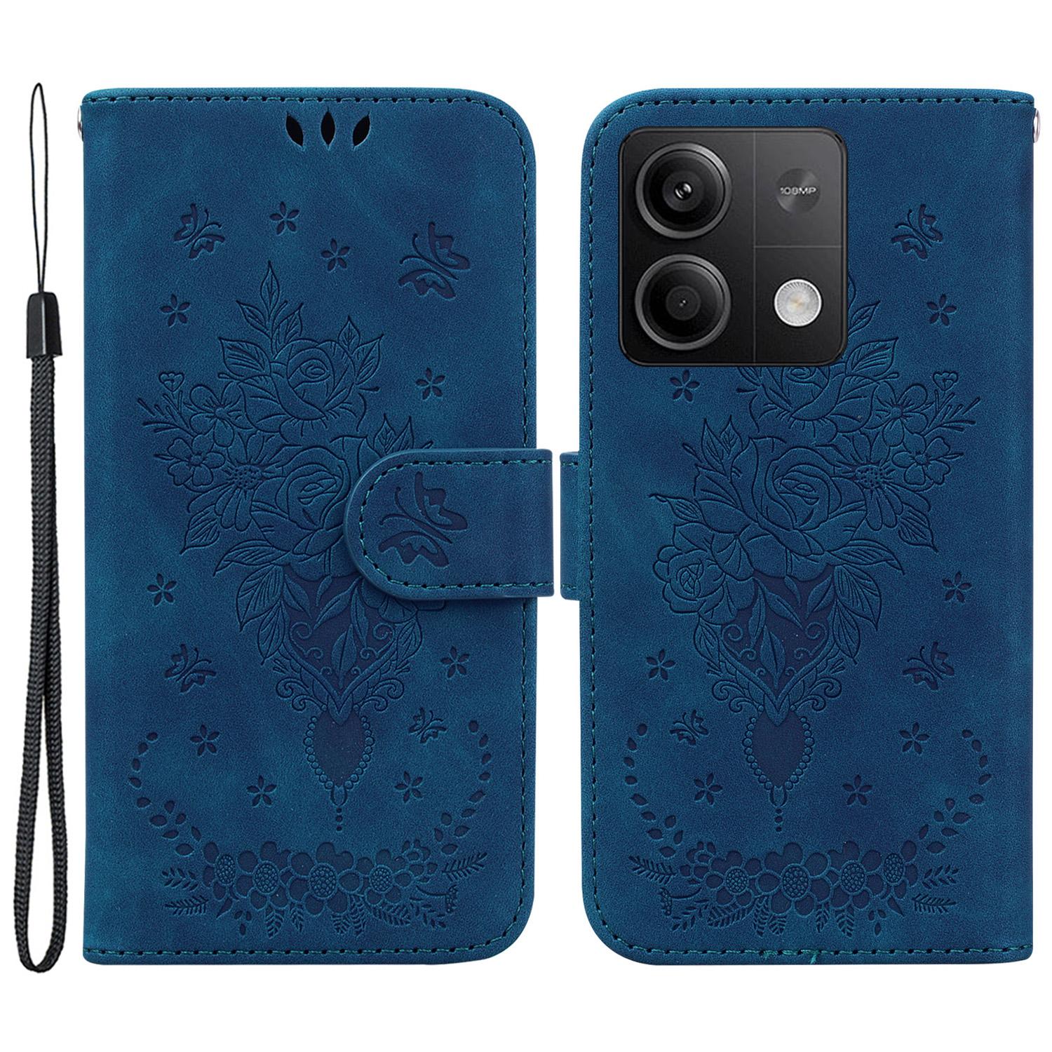 

For Xiaomi Redmi Note 13 5G/13 5G (China) Case Rose Butterfly Imprinted Card Holder Phone Cover Blue