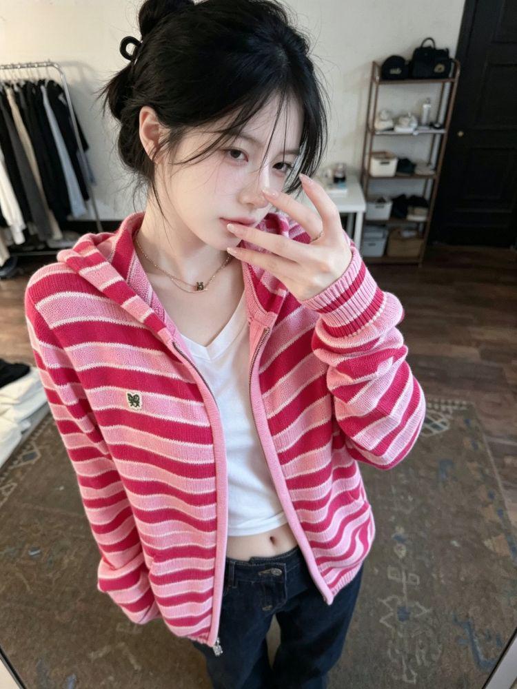 Women's Retro Color Block Knit Cardigan with Hood