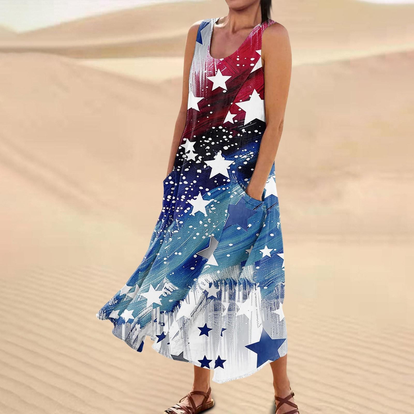 

Женское повседневное удобное хлопковое платье с карманами без рукавов и принтом ко Дню независимости L светло-синий