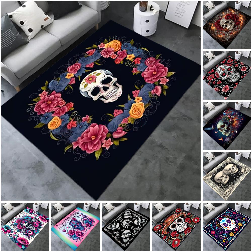 1PC Skull Dark Gothic Pattern printed Carpet Rug for Living Room Bedroom Home Sofa Decoration,Non-slip Floor Mat Floor mat