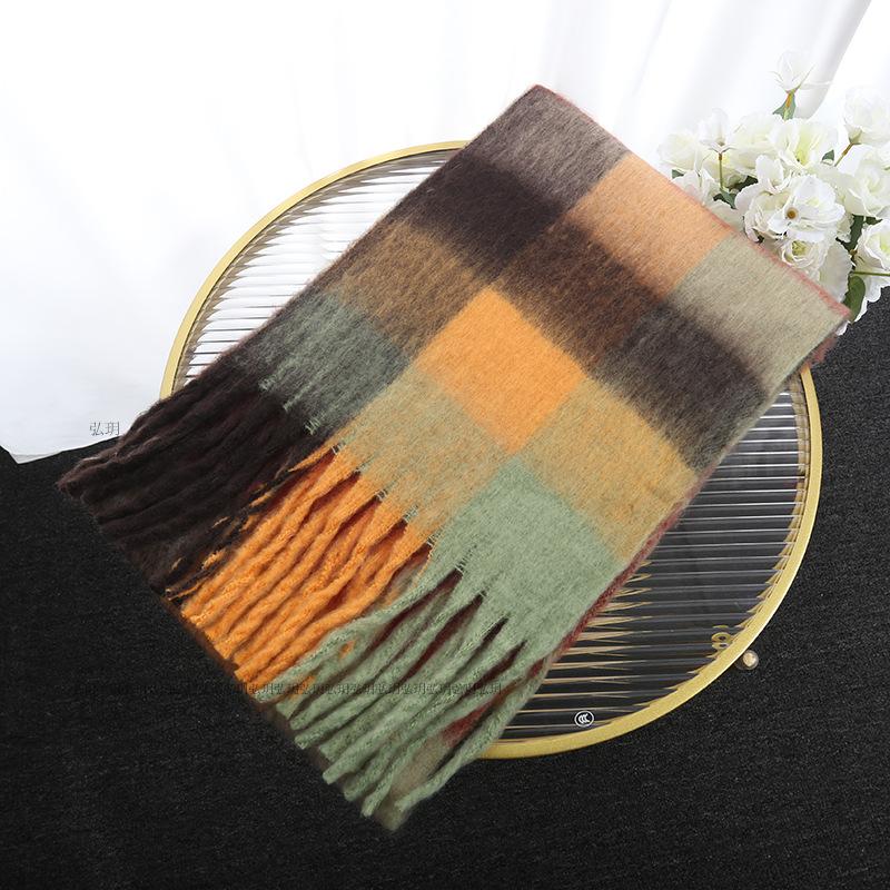 Men's and Women's Autumn and Winter Scarf Fashionable Warm Rainbow Plaid Shawl Tassel Thickened Mohair Scarf