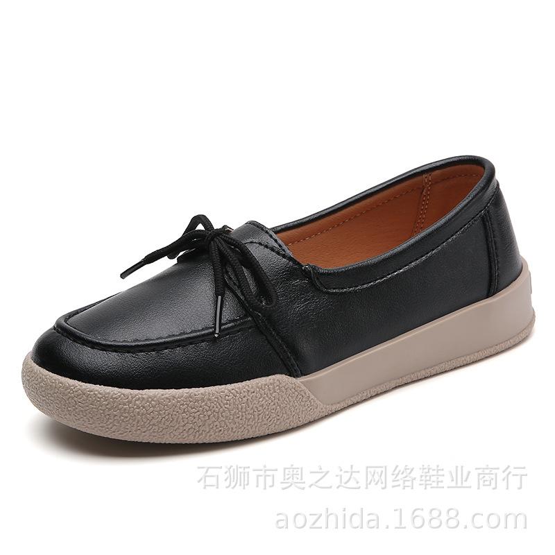 

2024 Spring and Autumn two-layer leather little white shoes casual soft-soled flat shoes beef tendon sole pregnant women s mother shoes travel shoes 35 чёрный