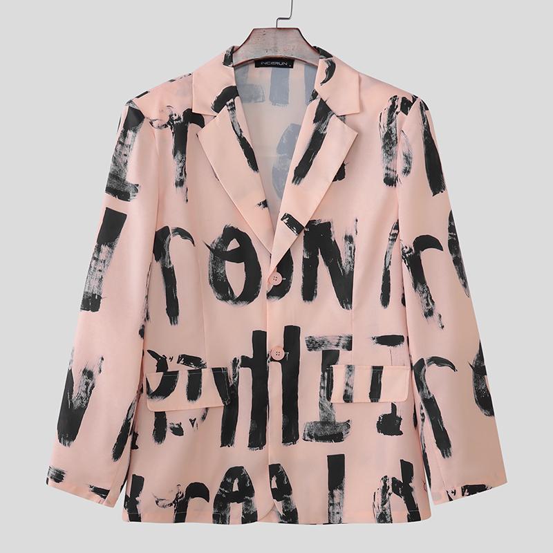 INCERUN Oversized Men Lapel Neck Long Sleeve Print Casual Loose Thin Blazer Coats