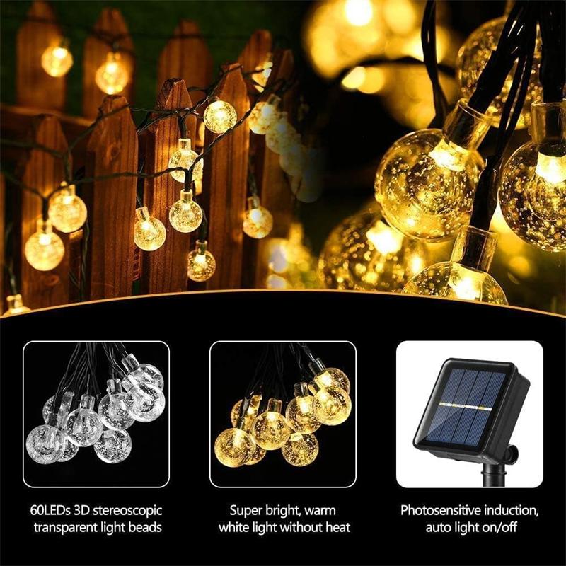 Updated Solar String Lights Outdoor Waterproof 60LED 8 Modes Crystal Globe Christmas Lights for Garden Lawn Porch Decor Camping