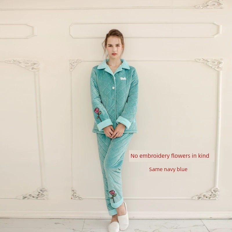 

Autumn and Winter New Coral Velvet Pajamas Men s and Women s Lovers Jackets Cotton Pajamas Pajama Pants Suit Long-Sleeved Thickened Warm Loungewear Green Women s M