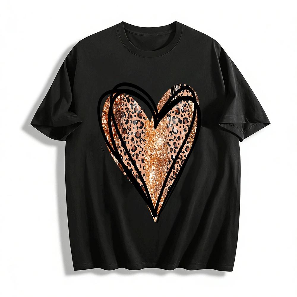 Leopard Print Glitter Heart Graphic Casual Loose Fit Tee Pure cotton T-shirt XXS