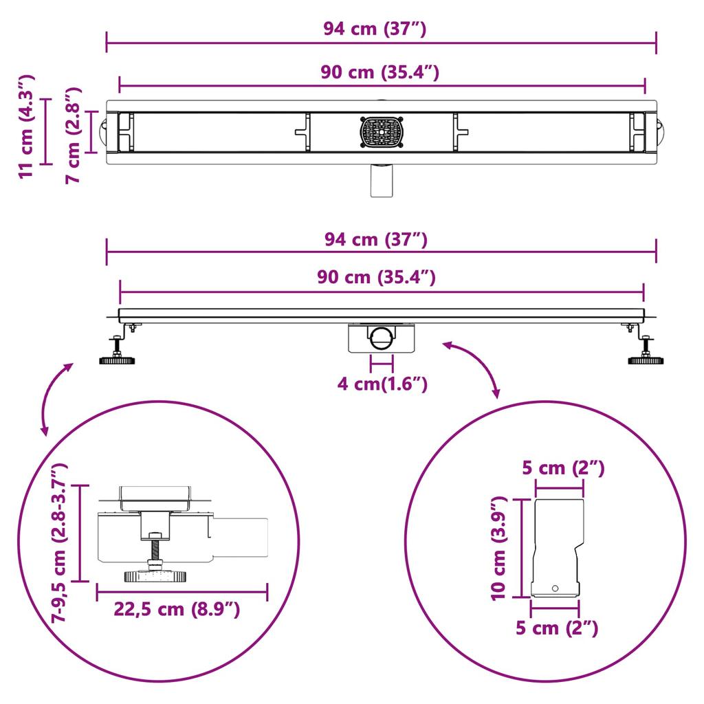 2 In 1 Shower Drain with 360 Degrees Siphon Silver 90 Cm Stainless Steel 304