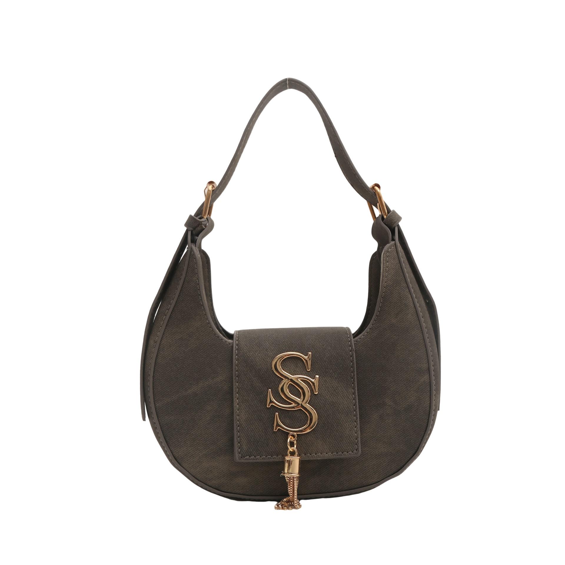 

Женская сумка, летняя модная сумка через плечо, фактура, искусственная кожа, сумка под мышкой, нишевая фурнитура, бахрома, сумка в форме полумесяца темно-серого