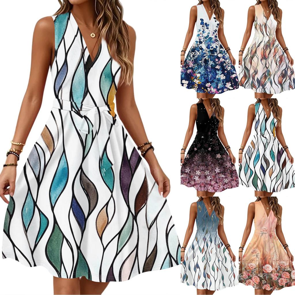 Women's Spring Summer Casual V Neck Sleeveless Waist Floral Print Midi Dress