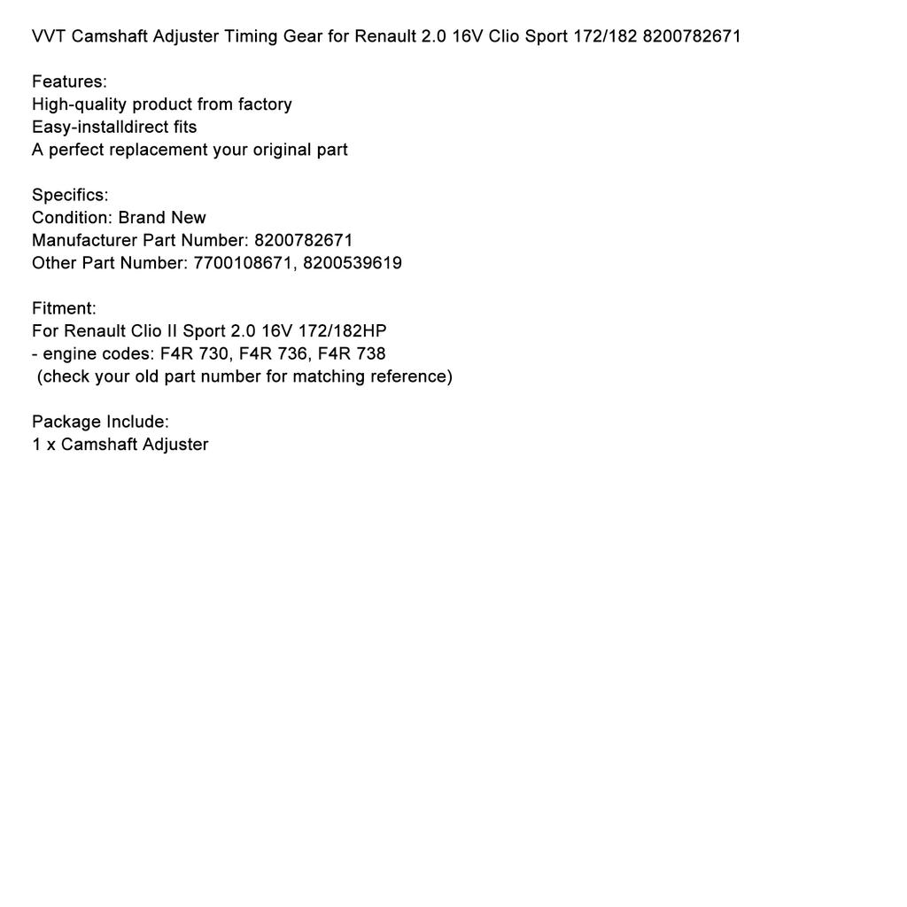 VVT Camshaft Adjuster Timing Gear for Renault 2.0 16V Clio Sport 172/182 8200782671