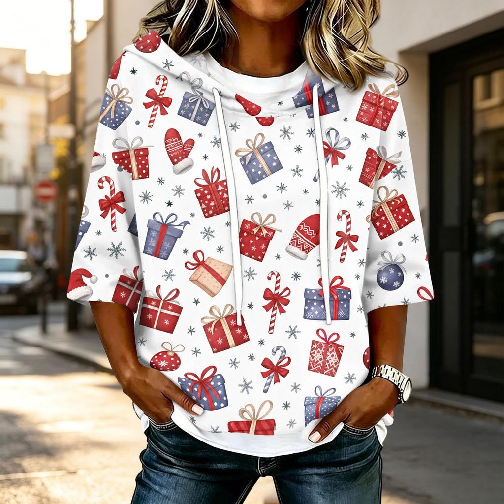 Women's Casual 3/4 Sleeve Hooded Christmas T-Shirt for Holiday Parties and Everyday Wear