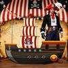 Adventurous Pirate Ship Tapestry, Cartoon Galleon with Striped Sails and Skull Flag Background Cloth, Fun Party Wall Art