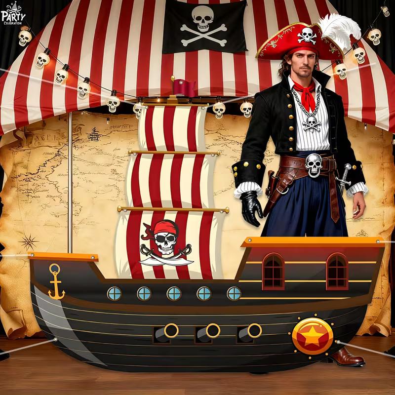 Adventurous Pirate Ship Tapestry, Cartoon Galleon with Striped Sails and Skull Flag Background Cloth, Fun Party Wall Art