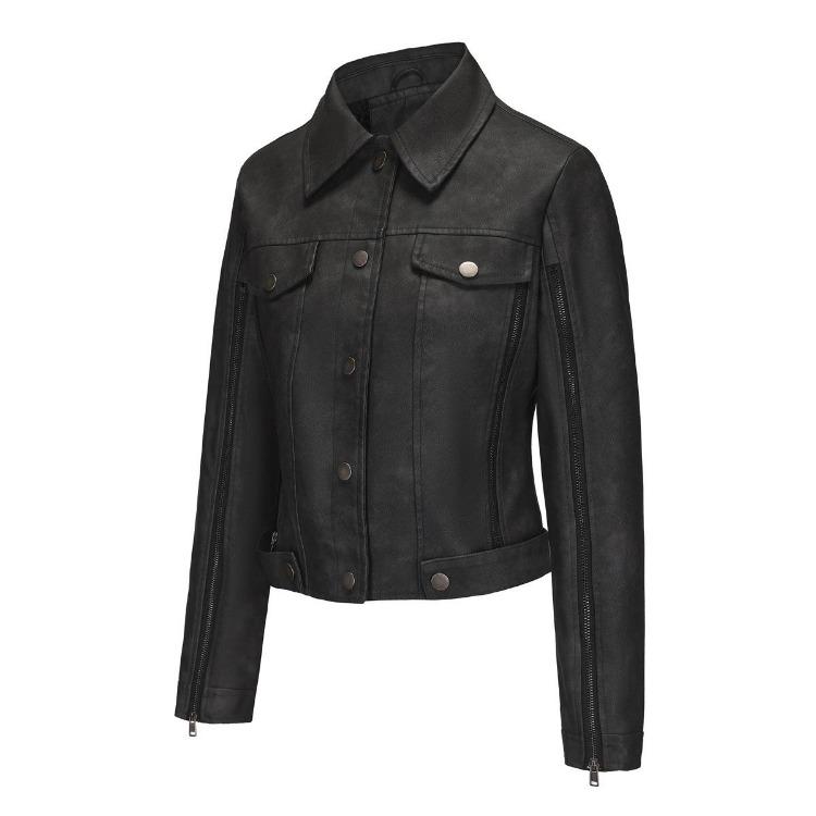 Women Leather Jacket Slim Fit Pu Zipper Outerwear Long Sleeve Lapel Collar for Fall Winter