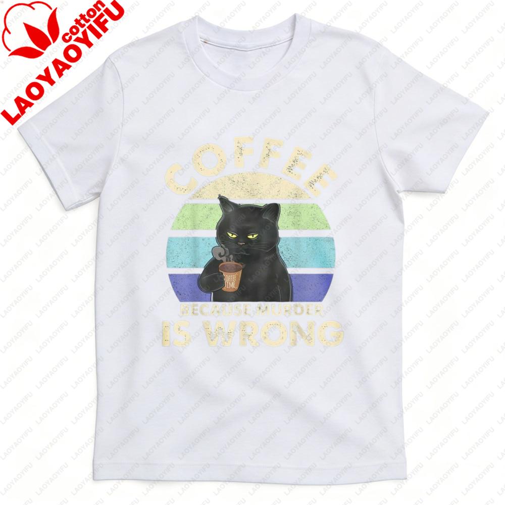 Coffee Cat Vintage Print Summer Casual Men TShirt Cotton Short Sleeve Tops Fashion Top Gift for Coffee Lovers Clothes