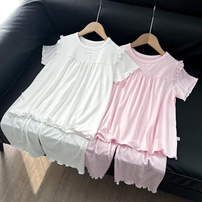Mädchen Spitzen-Prinzessinnen-Pyjama-Set - Kurzarm-Homewear, Modal-Stoff, Dünner Stil für Frühling/Sommer, Klimaanlagenanzug.