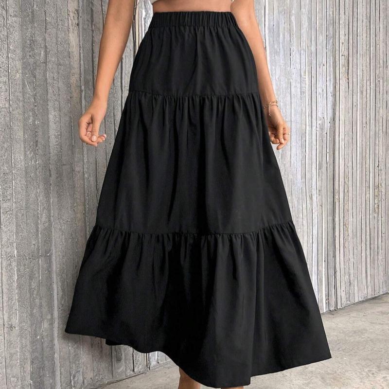 Mode Neu A-Linie Falten Casual Schwarze Röcke Damen Elegant Schlank Passend Frühling und Sommer Langer Rock Damen Vintage Einfarbig Hoher Bund Damenrock 25920