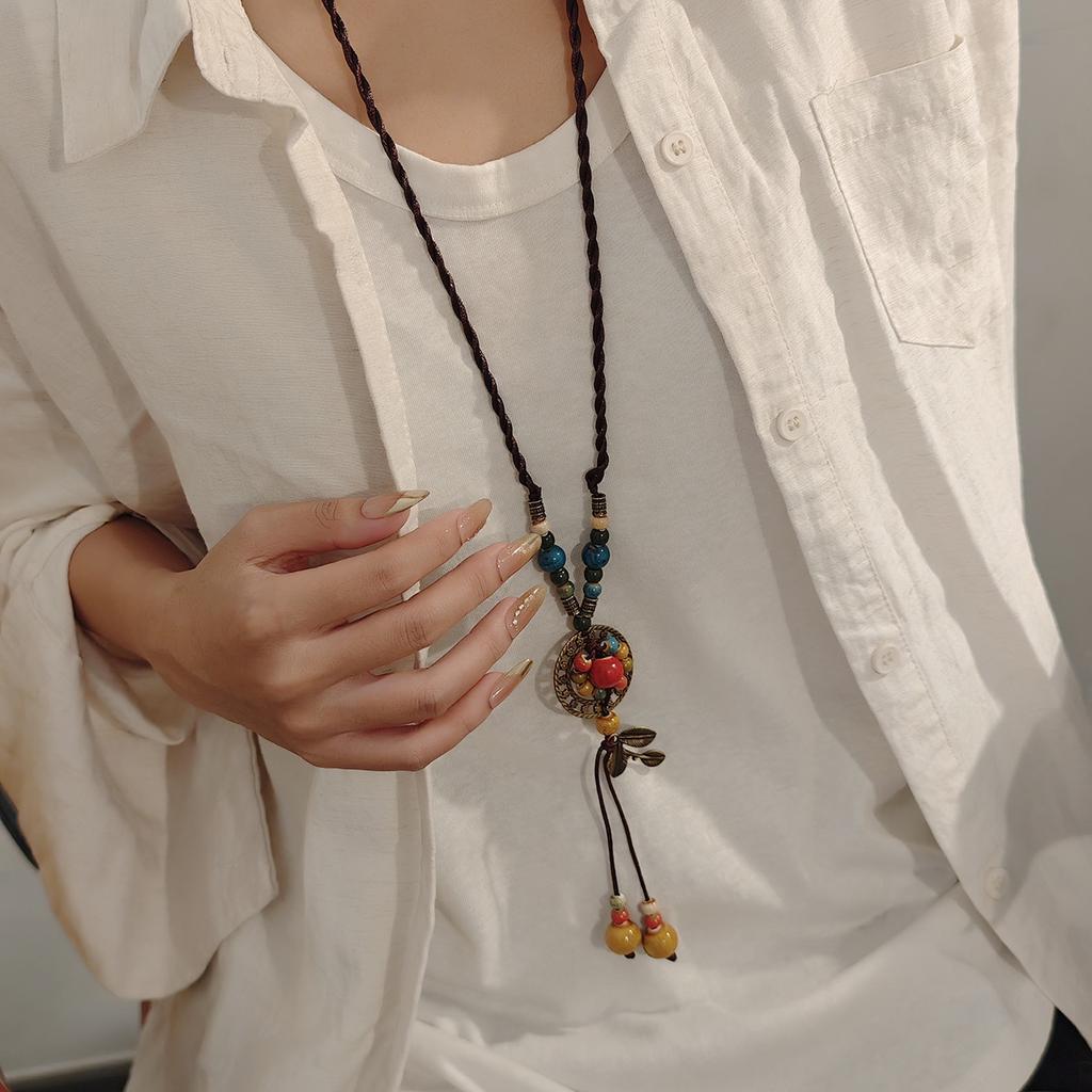Creative Design Bohemian Necklace, Light Luxury Retro Long Braided Rope Exotic Ethnic Temperament Sweater Chain