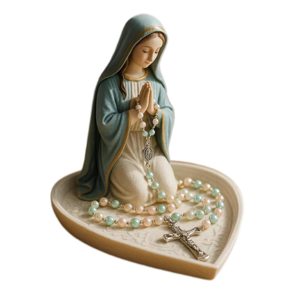 Virgin Mary Jesus Rosary Holder,  6" Blessed Mother Statue Catholic Sculpture Resin Jewelry Box for Necklace Rings Desktop Decor