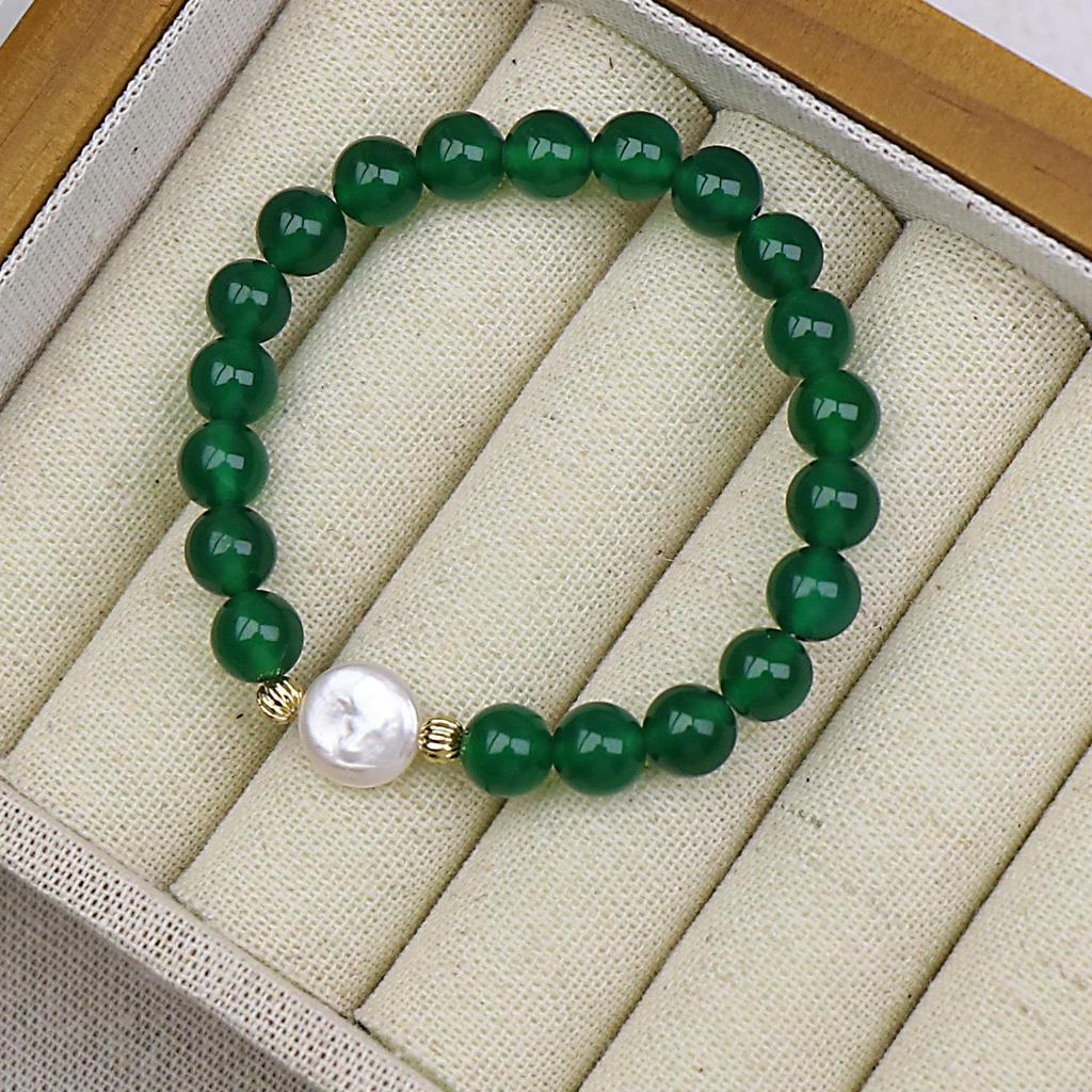 Wysokiej jakości Bransoletka z Zielonego Agatu Chalcedonu i Pereł - Chiński Styl Damska Biżuteria z Koralików