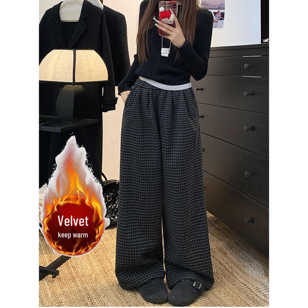 Two-Color Retro Plaid Velvet Fleece-Lined Wide-Leg Casual Pants