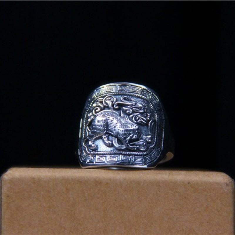 Adjustable Vintage Style Qilin Lucky Beast Ring In Sterling Men Women