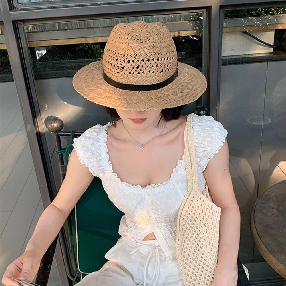 Jazz Western Cowboy Hat Wide Brim Visor Cap American Hollow Straw Hat  Summer