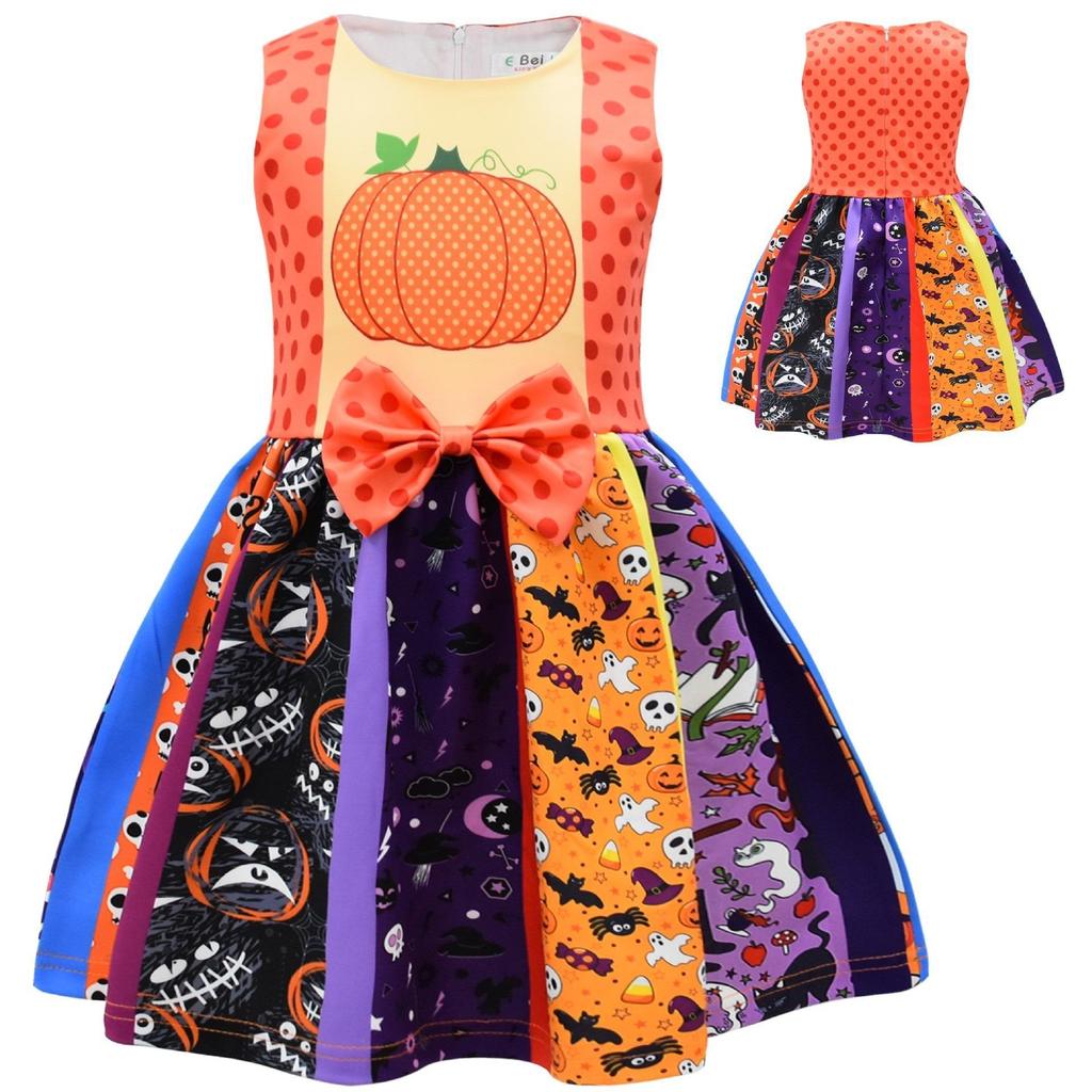 European And American Christmas Halloween Cute Princess Dress Bow 3D Digital Printing Girls Dress
