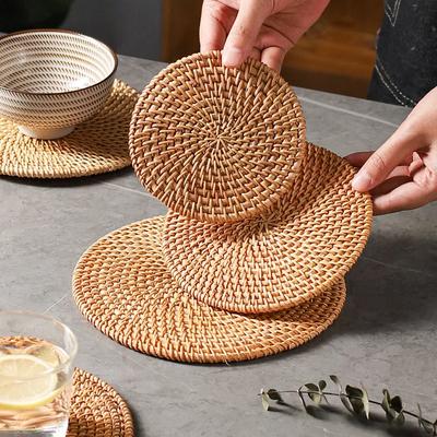 1/3pz Sottobicchiere per teiera in rattan naturale intrecciato fatto a mano per cerimonia del tè Tovagliette rotonde per tavolo Ciotola Piatto Tazza Tappetini isolanti dal calore