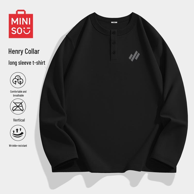 MINISO Men s American Retro Henley Long-Sleeve T-Shirt 2XL