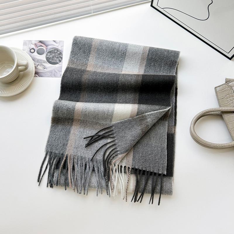 New Wool Warm Scarf for Women in Color Blocked Plaid Scarf Long Tassel Scarf Thickened and Warm