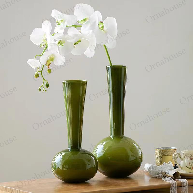 

Handmade Glass Vases for Home Decor, Nordic Style Ornament, Antique Olive Green, Long Necked Vase, Butterfly Ornament, New