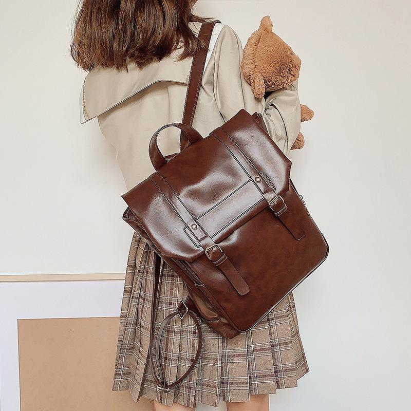 Japanese Backpack, College Style Backpack, Retro Soft Leather Women s Bag, Casual Cambridge Commuting Backpack коричневый