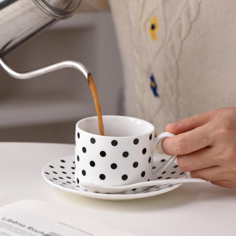 Ceramic Hepburn Style Coffee Cup and Saucer Vintage Striped Black and White Polka Dot Mug Cake Pan Afternoon Tea Set
