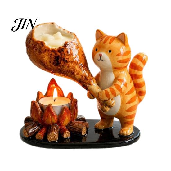 Rustic Cabin Candle Holder Campfire Animal Tealight Holder, Durable Resin with Cat Woodland Decor Fox And Dachshund Figurines, Warm Cozy Atmosphere