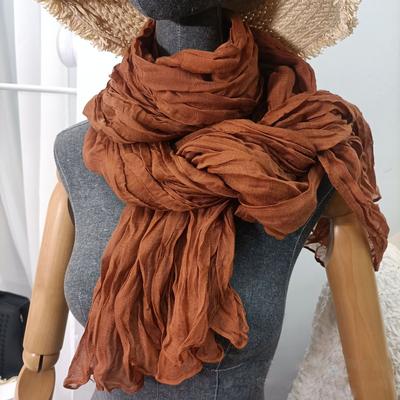 Solid Color Cotton And Linen Scarf Retro Autumn And Winter New Item Pleated Green Retro Thin Long Strip Shawl Women'S Warm Scarf