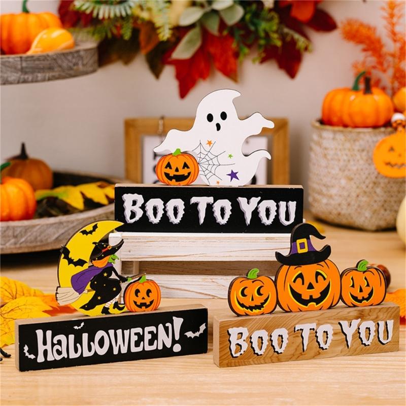 2Pcs Creative Halloween Gnomes Pumpkin Witch Figurines Wooden Block Table Sign For Festives Home Shelf Tiered Tray Decors