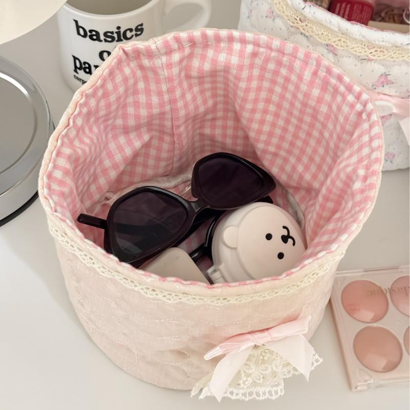Cute Love Heart Storage Box Quilting Cotton Bow Desktop Storage Basket Large-Capacity Round Storage Frame Home Decoration