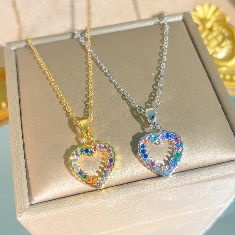 Women Colorful Full Zircon Heart Shaped Titanium Steel Clavicle Necklace