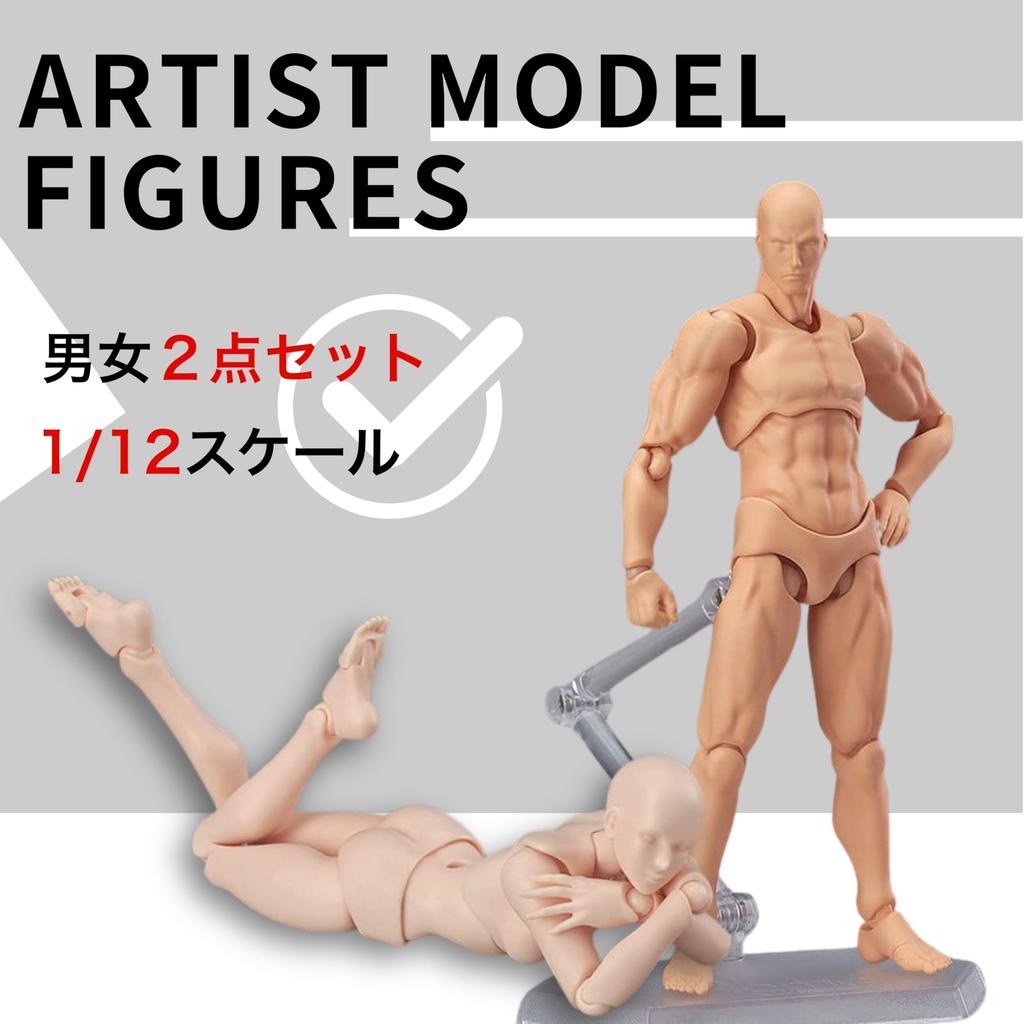 TikTrunk Action Figure Drawing Doll Set, Male and Female, 1/12 Scale Articulated, Muscular, PVC (Skin Tone), for Illustration, Manga, and More