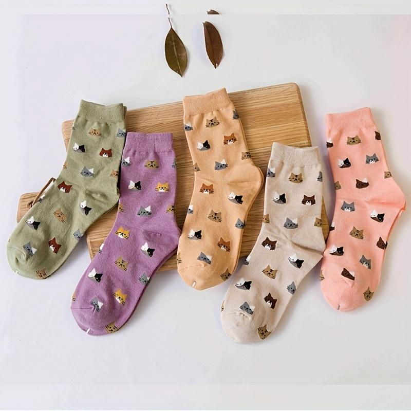 5 Pairs Women's Socks - Cute Cat Face Design, Autumn/Winter, Animal Pattern, Cute Socks, Cozy Home Wear, Winter Warm Socks,Comfortable Sock Material