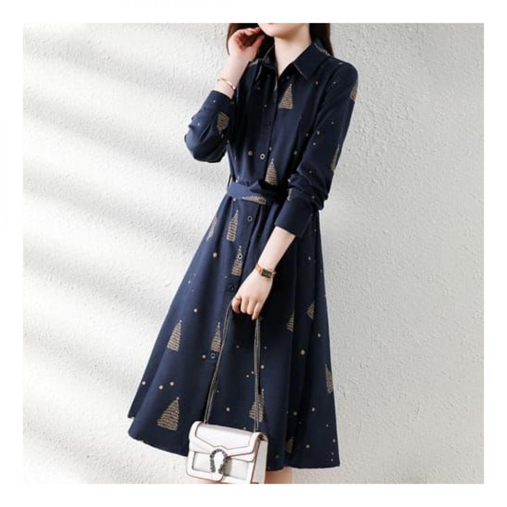 Navava Women Luxury Tree Pattern Collar Long Sleeve Shirt Dress No691