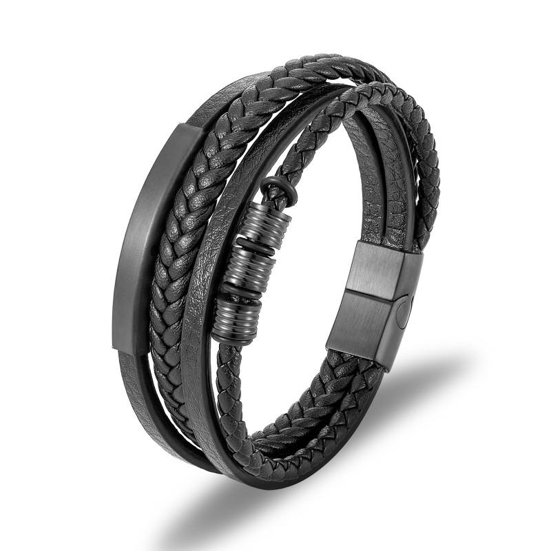 Multi-Layer Braided Leather Bracelet With Stainless Steel Magnetic Clasp Men Geometric Style Fashion Accessory