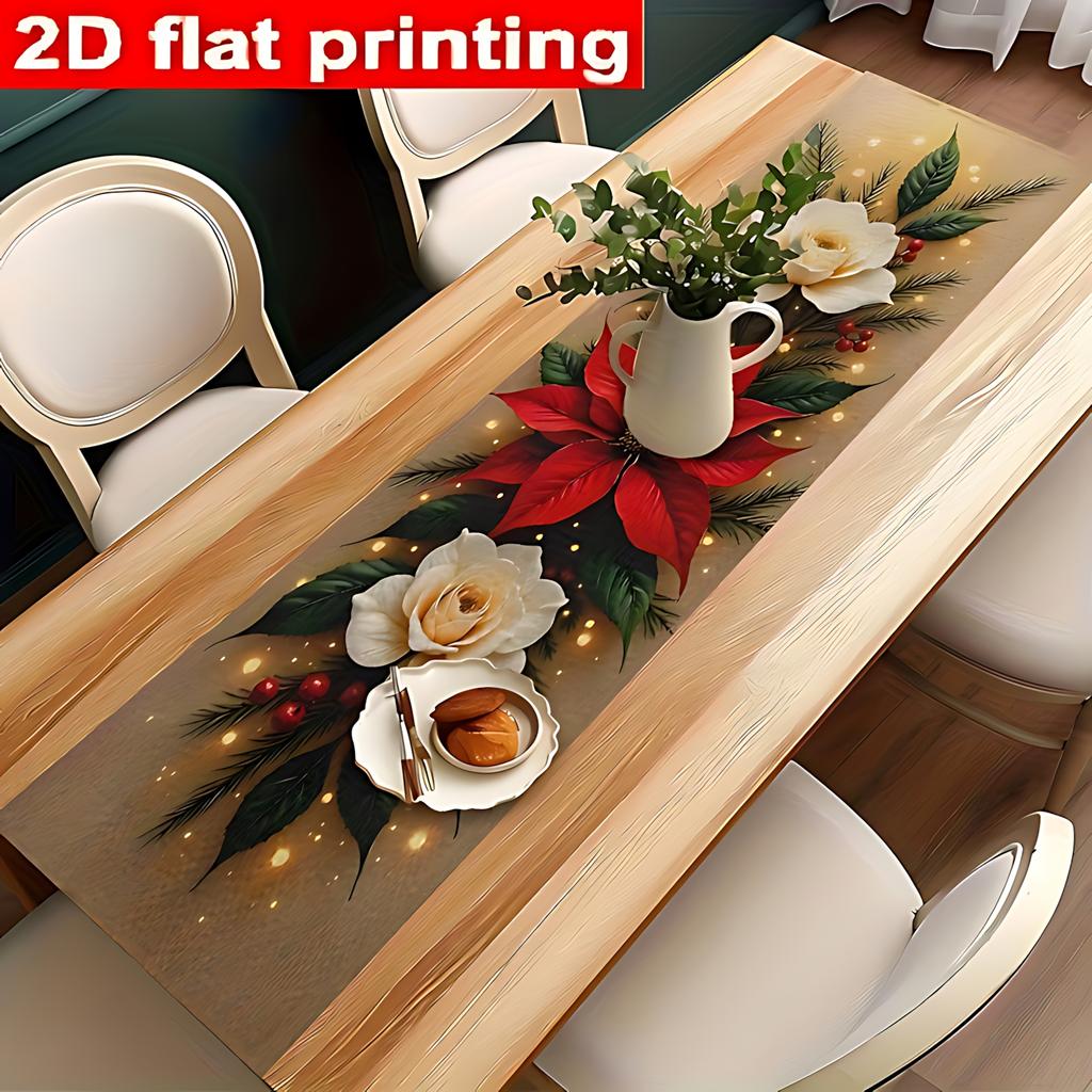 Elegantní bílý růže a borovice běhoun na stůl - 2D plochý tisk sváteční dekorace s červenou vánoční hvězdou a zeleným listovím, na Vánoce, Den díkůvzdání