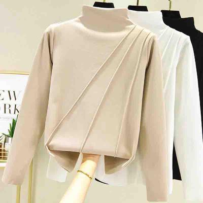 Thin Velvet Half-high Neck Bottoming Shirt Women's Long-sleeved Pullover Double-sided Brushed Warm Top In Spring
