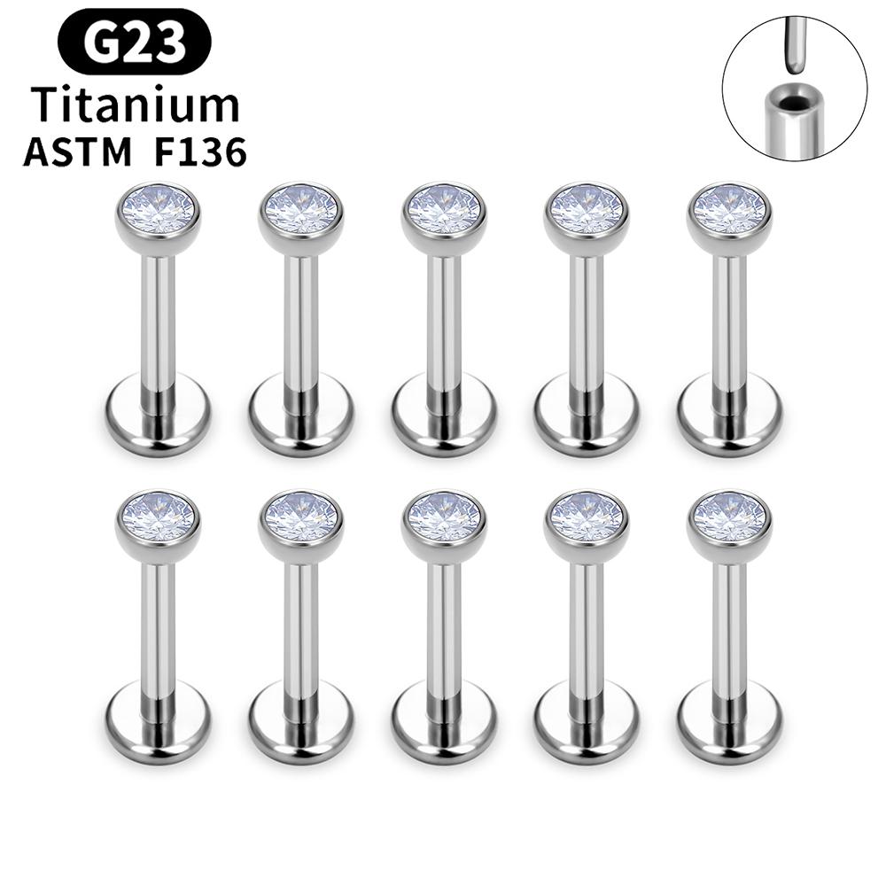 10 PZ Titanio ASTM F136 G23 Piercing Labret Anello Labbra Stud Orecchino CZ Orecchio Trago Cartilagine Helix Daith Pierc Gioielli 16/18/20g