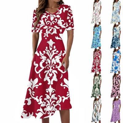 Women's Casual Fashion Floral Print V-neck Short-sleeved Waist-length Dress
