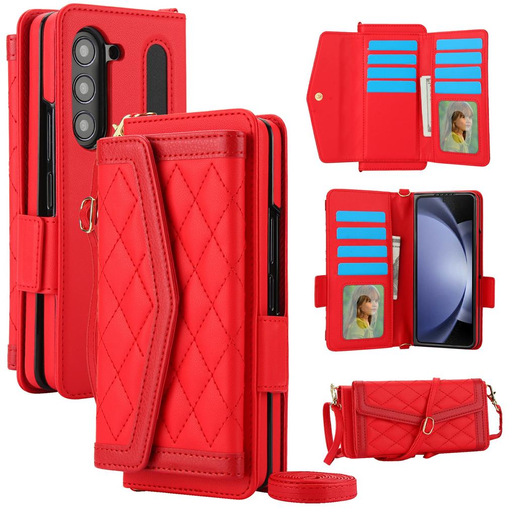 For Samsung Galaxy Z Fold5 5G Case Quilted Design PU Leather Wallet Phone Cover with Shoulder Strap